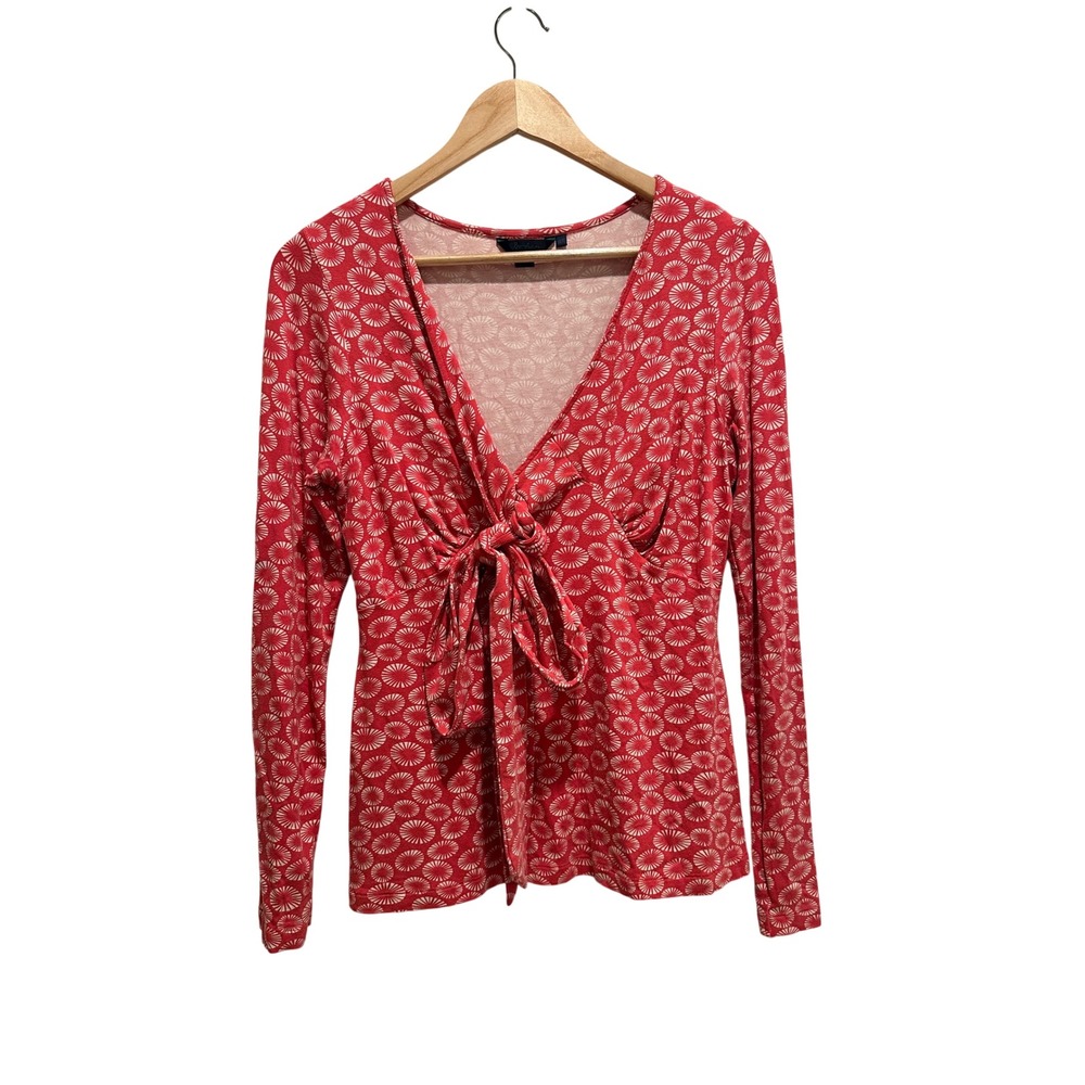 Boden Red White Sunburst Print Tie Front V-Neck Long Sleeve Top Size US 8 UK 12